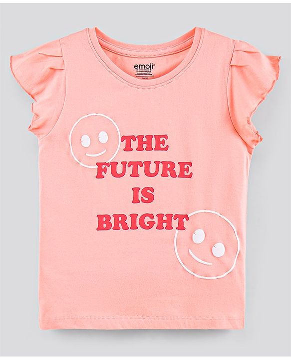 Pine Kids Bio-Washed Frill Sleeves Cotton Shorts Set Text Printed - Peach