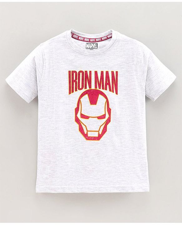 Pine Kids Half Sleeves Cotton Bio Washed Iron Man Print T-shirt Marvel Collection - Light Grey
