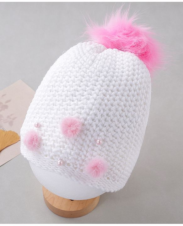 Babyhug Woollen Cap Pom Pom Applique White - Diameter 12 cm