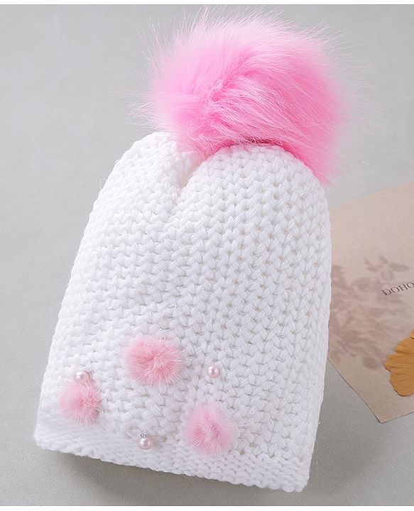 Babyhug Woollen Cap Pom Pom Applique White - Diameter 12 cm