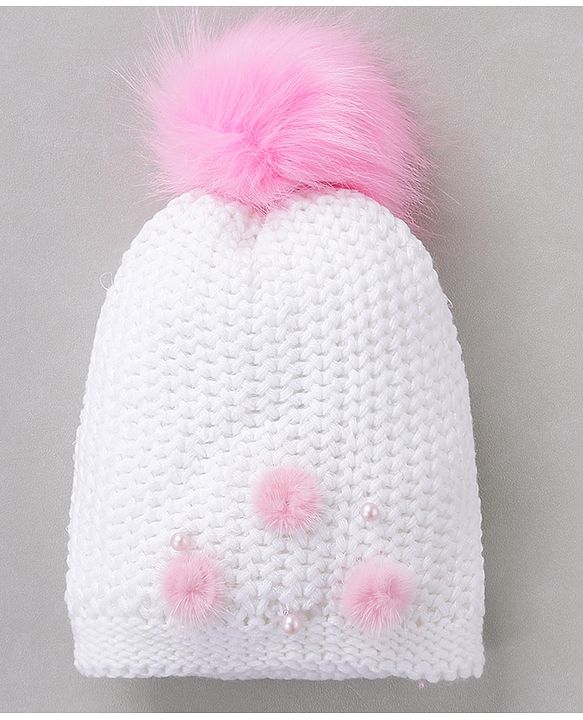 Babyhug Woollen Cap Pom Pom Applique White - Diameter 12 cm