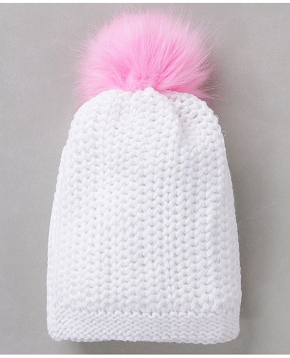 Babyhug Woollen Cap Pom Pom Applique White - Diameter 12 cm
