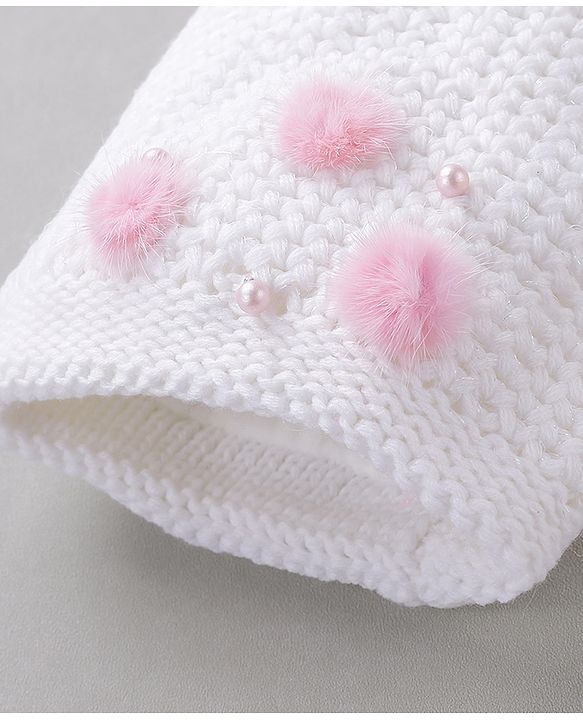 Babyhug Woollen Cap Pom Pom Applique White - Diameter 12 cm