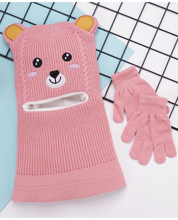 Babyhug Woollen Cap & Gloves Sets With Teddy Face Embroidery Pink - Circumference 47 cm