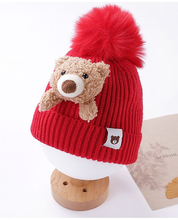 Babyhug Cotton Teddy Applique Cap Red - Diameter 11 cm