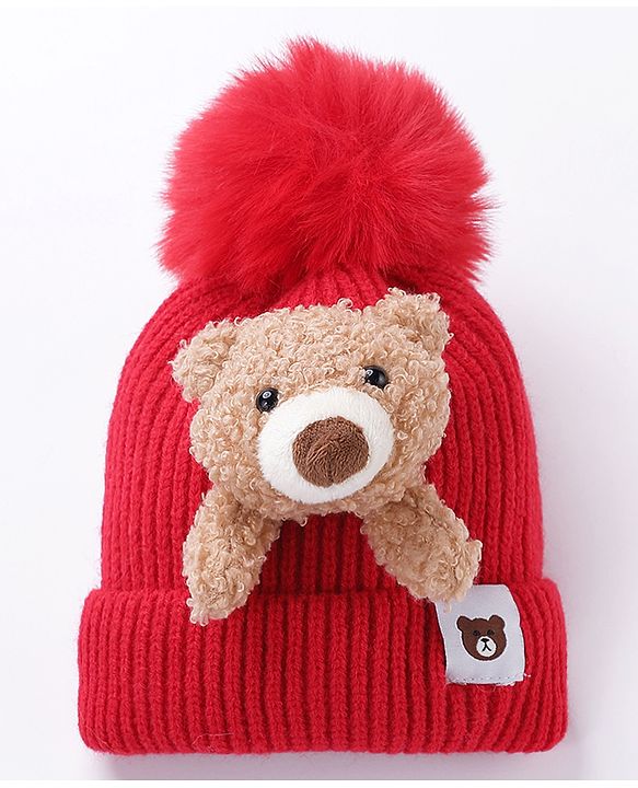 Babyhug Cotton Teddy Applique Cap Red - Diameter 11 cm