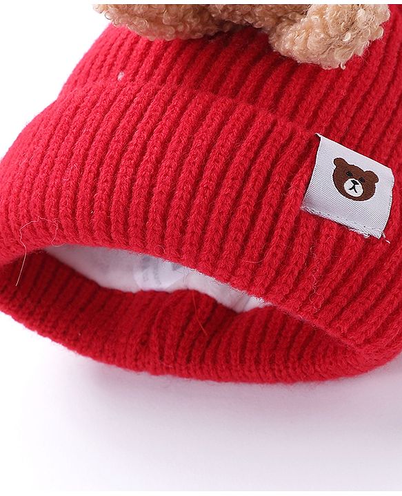 Babyhug Cotton Teddy Applique Cap Red - Diameter 11 cm