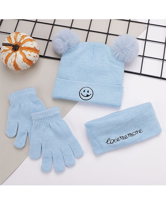 Babyhug Woollen Cap and Gloves Set with Headband Solid Colour Pattern Blue - Diameter 10 cm