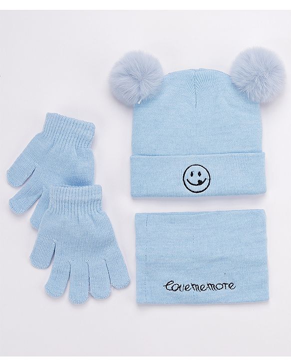 Babyhug Woollen Cap and Gloves Set with Headband Solid Colour Pattern Blue - Diameter 10 cm