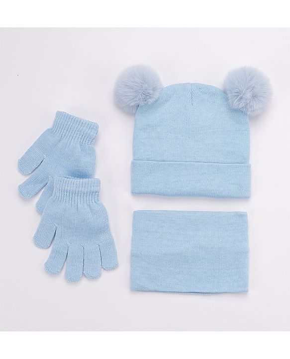 Babyhug Woollen Cap and Gloves Set with Headband Solid Colour Pattern Blue - Diameter 10 cm