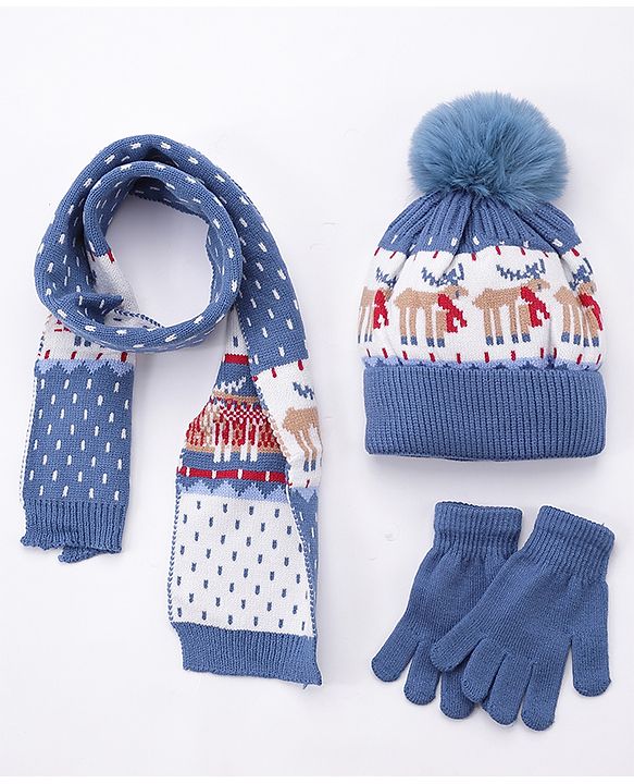 Babyhug Woollen Cap Gloves With Muffler Blue - Cap Diameter 11 cm