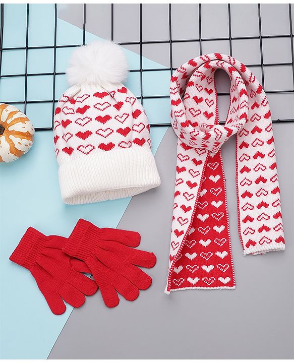 Babyhug Woollen Cap Gloves With Muffler Red - Cap Diameter 10.5 cm