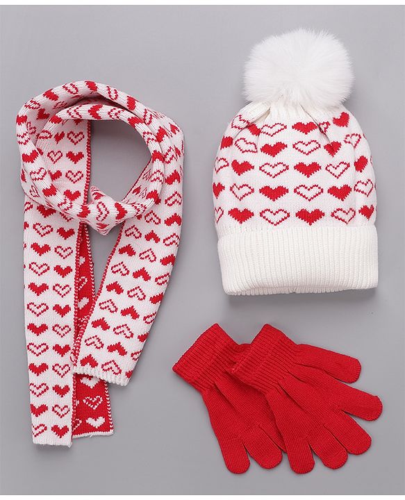 Babyhug Woollen Cap Gloves With Muffler Red - Cap Diameter 11.5 cm