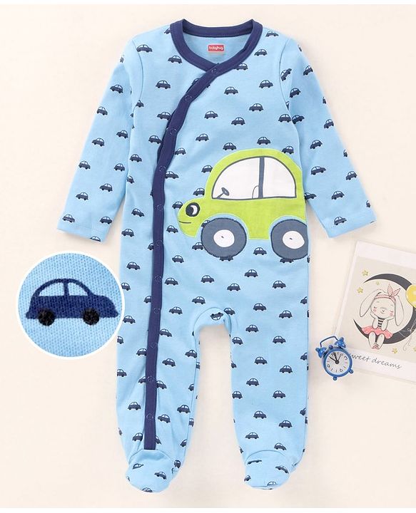 Babyhug Full Sleeves Sleepsuit Car Print - Blue