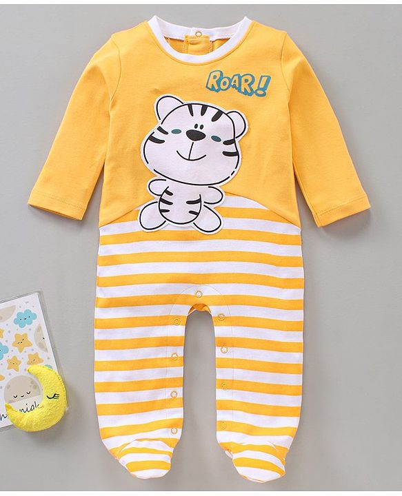 Babyhug Full Sleeves Footed Sleepsuit Tiger Print - Yellow