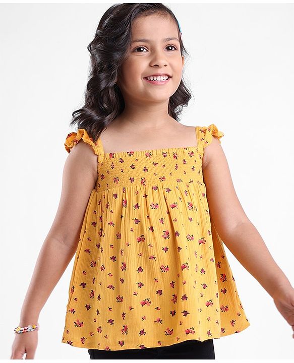 Babyhug 100% Rayon Sleeveless Printed Top with Smocking & Frill Detailing - Yellow