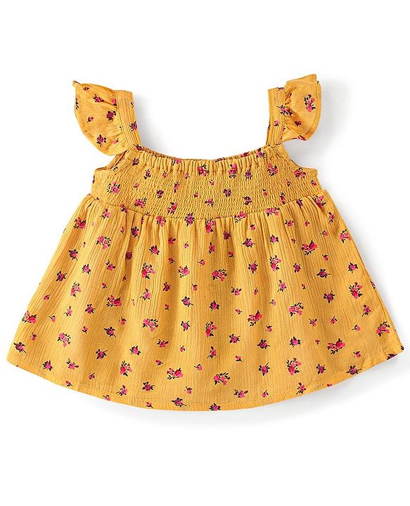 Babyhug 100% Rayon Sleeveless Printed Top with Smocking & Frill Detailing - Yellow