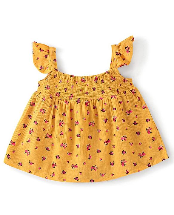 Babyhug 100% Rayon Sleeveless Printed Top with Smocking & Frill Detailing - Yellow