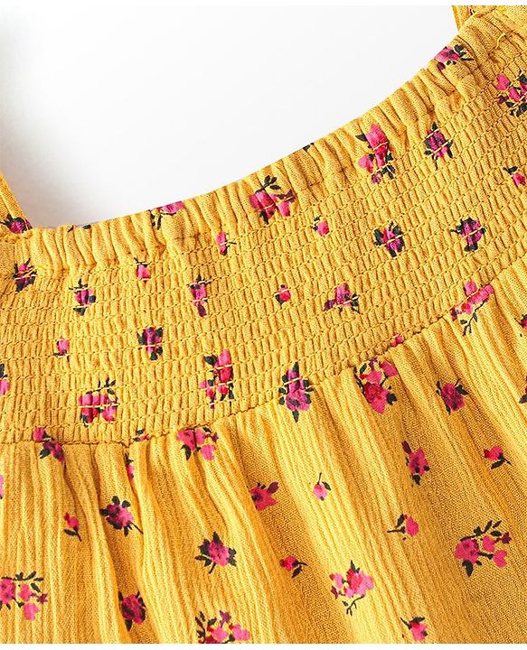 Babyhug 100% Rayon Sleeveless Printed Top with Smocking & Frill Detailing - Yellow