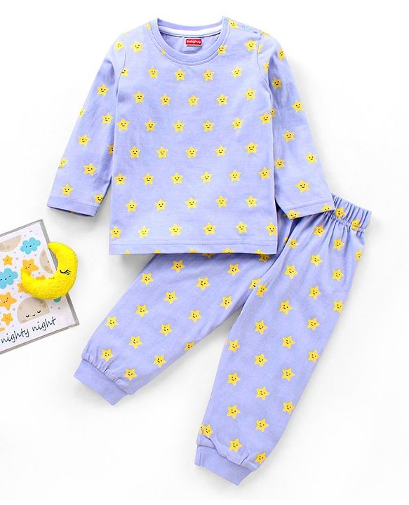 Babyhug Full Sleeves Night Suit Star Print - Blue
