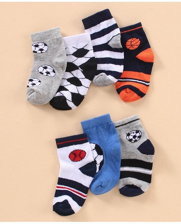 Cute Walk by Babyhug Cotton Knit Regular Length Antibacterial Socks Sports Design Pack of 7 - Multicolour