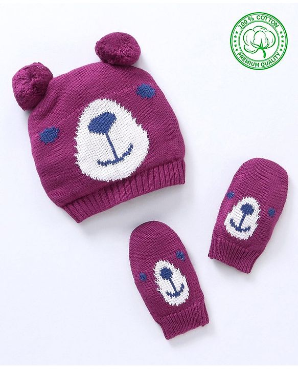 Babyhug 100% Organic Cotton Woollen Cap And Mittens Set Bear Face Print Purple - Diameter 10 cm