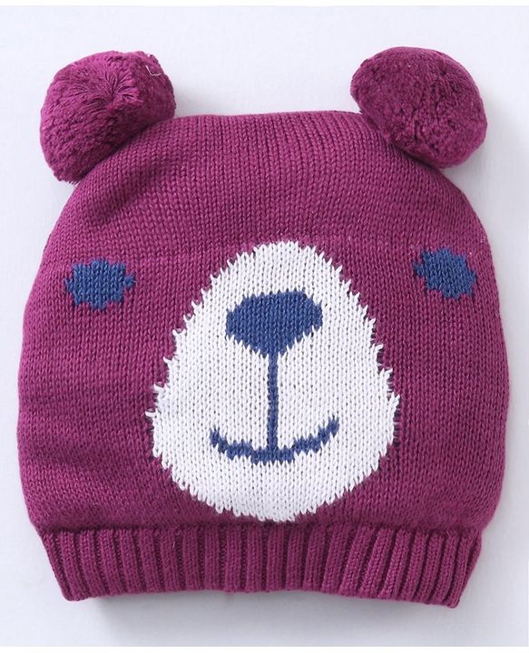 Babyhug 100% Organic Cotton Woollen Cap And Mittens Set Bear Face Print Purple - Diameter 10 cm