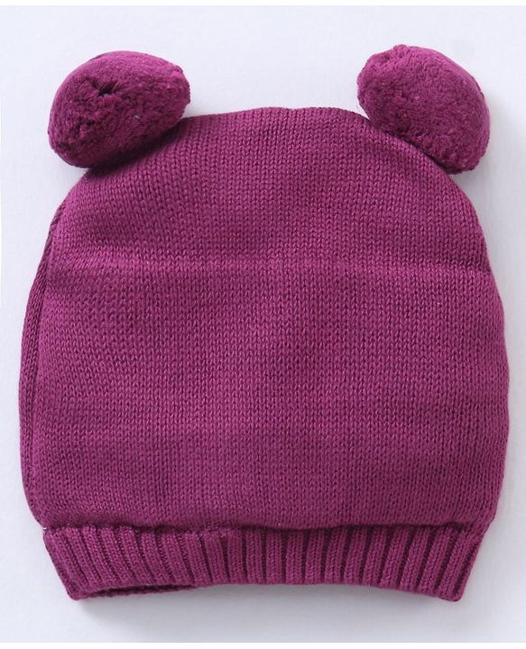 Babyhug 100% Organic Cotton Woollen Cap And Mittens Set Bear Face Print Purple - Diameter 10 cm