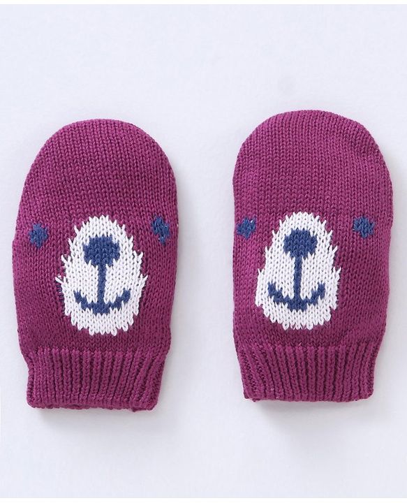 Babyhug 100% Organic Cotton Woollen Cap And Mittens Set Bear Face Print Purple - Diameter 10 cm