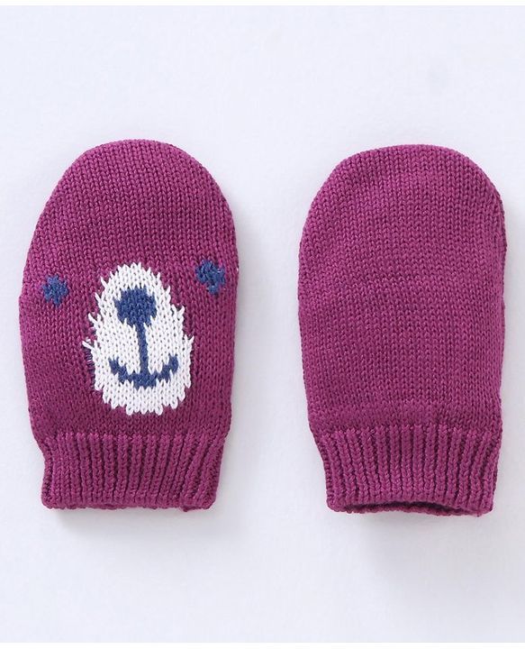 Babyhug 100% Organic Cotton Woollen Cap And Mittens Set Bear Face Print Purple - Diameter 10 cm