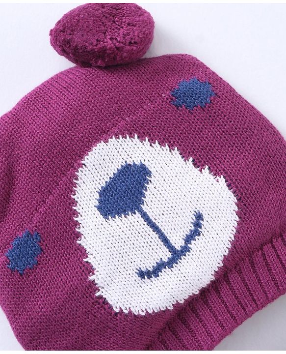 Babyhug 100% Organic Cotton Woollen Cap And Mittens Set Bear Face Print Purple - Diameter 10 cm