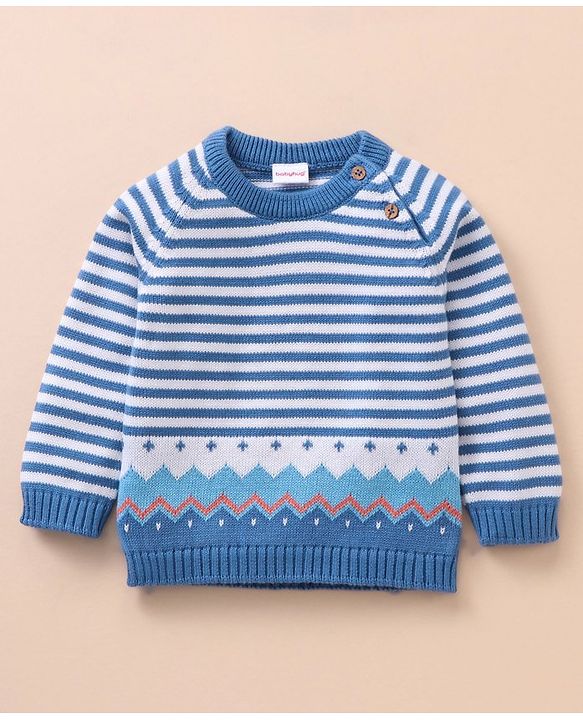 Babyhug 100% Organic Cotton Full Sleeves Baby Sweater Set With Cap Stripes Design- Blue