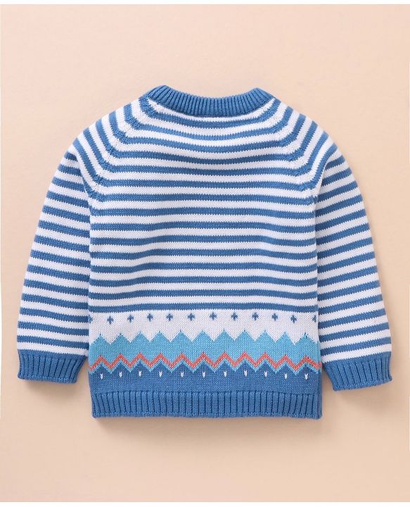 Babyhug 100% Organic Cotton Full Sleeves Baby Sweater Set With Cap Stripes Design- Blue