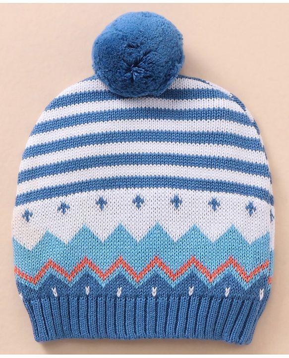 Babyhug 100% Organic Cotton Full Sleeves Baby Sweater Set With Cap Stripes Design- Blue