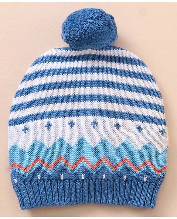 Babyhug 100% Organic Cotton Full Sleeves Baby Sweater Set With Cap Stripes Design- Blue