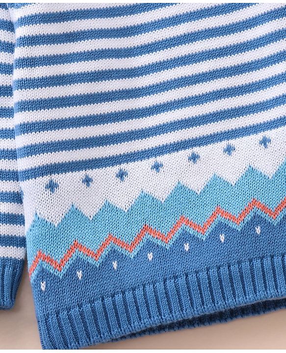 Babyhug 100% Organic Cotton Full Sleeves Baby Sweater Set With Cap Stripes Design- Blue