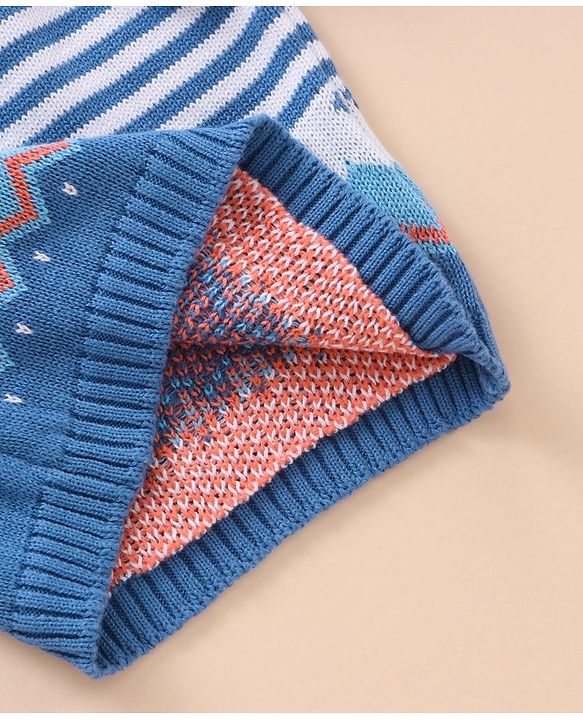 Babyhug 100% Organic Cotton Full Sleeves Baby Sweater Set With Cap Stripes Design- Blue