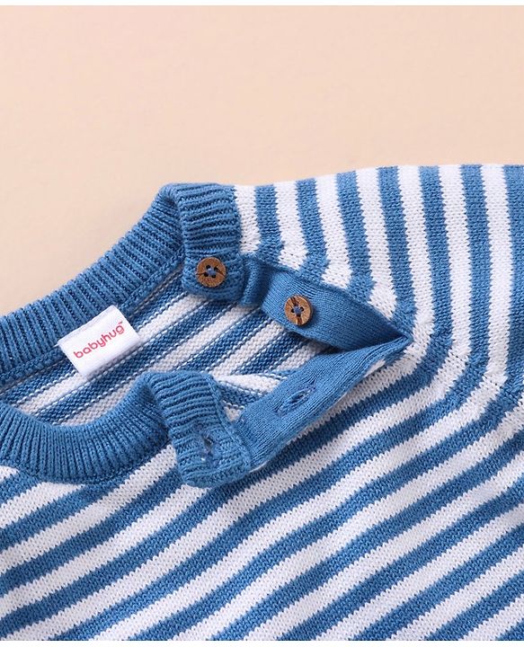 Babyhug 100% Organic Cotton Full Sleeves Baby Sweater Set With Cap Stripes Design- Blue