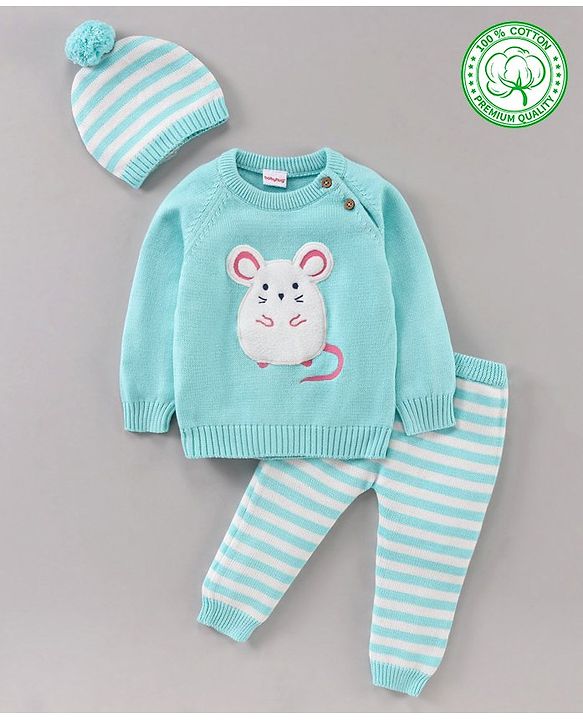 Babyhug 100% Organic Cotton Full Sleeves Stripe Sweater & Lounge Pant With Cap Mouse Embroidery - Blue