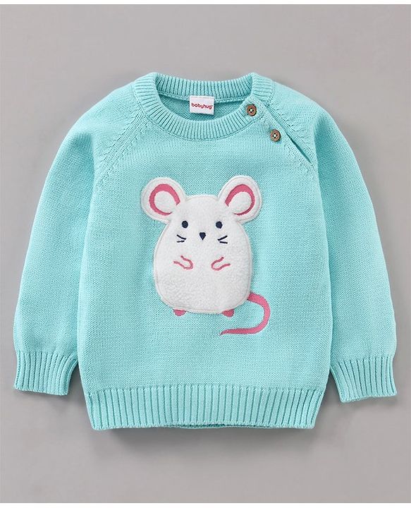 Babyhug 100% Organic Cotton Full Sleeves Stripe Sweater & Lounge Pant With Cap Mouse Embroidery - Blue