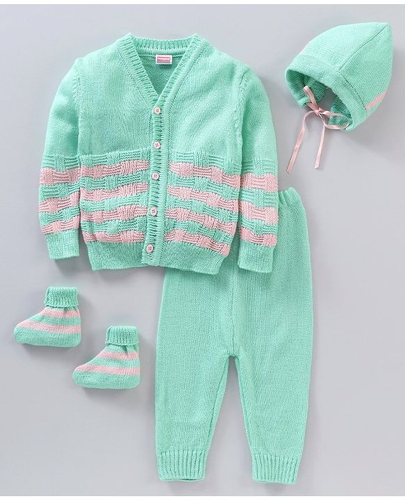Babyhug Full Sleeves Striped Sweater Set - Green