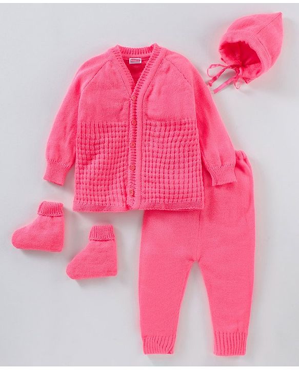 Babyhug Cotton Full Sleeves Solid Sweater Set - Dark Pink