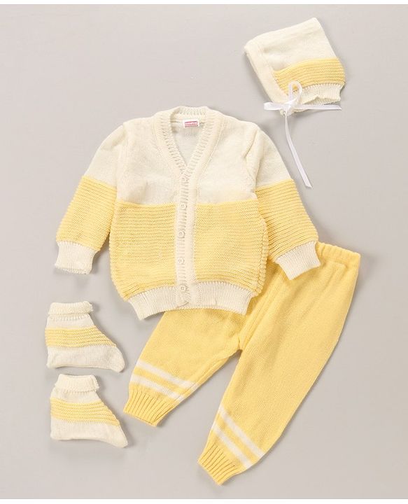 Babyhug Full Sleeves Cotton Sweater Set With Cap Stripes Design- Yellow
