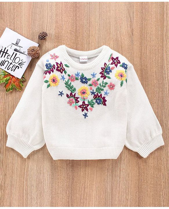 Babyhug Full Sleeves Embroidered Sweater- White