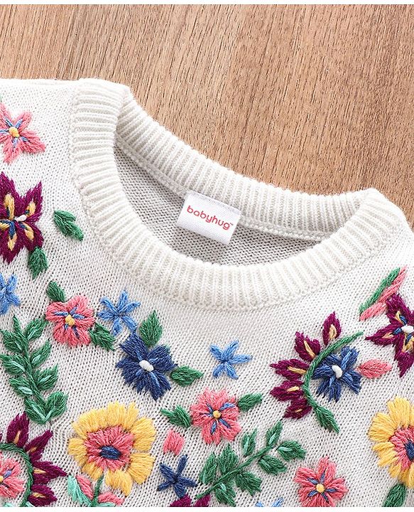 Babyhug Full Sleeves Embroidered Sweater- White