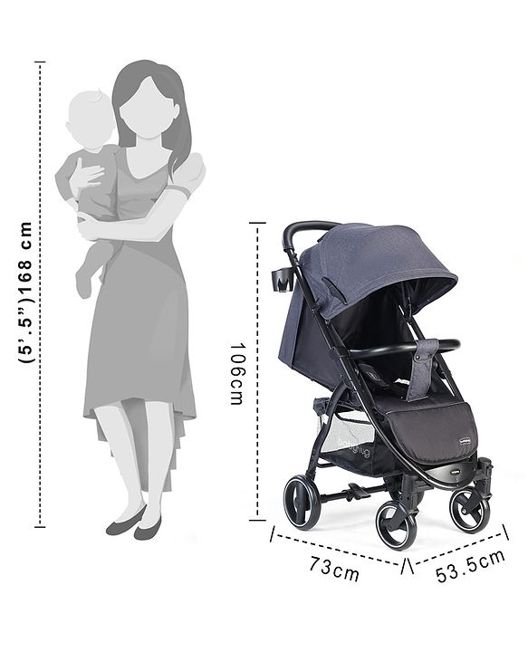 Babyhug Imperial Stroller With Foot Cover And Mosquito Net - Dark Grey| Reclining Backrest| Linked Rear Wheel Brake| Swivel Wheels with Lock| Storage Basket| Compact Fold| Adjustable Canopy