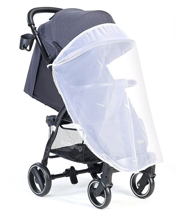 Babyhug Imperial Stroller With Foot Cover And Mosquito Net - Dark Grey| Reclining Backrest| Linked Rear Wheel Brake| Swivel Wheels with Lock| Storage Basket| Compact Fold| Adjustable Canopy