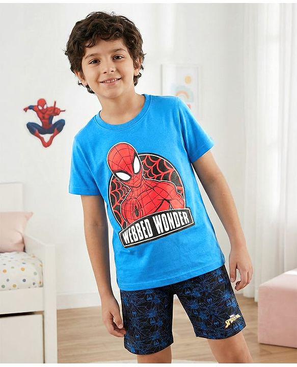 Pine Kids Bio-Washed Half Sleeves Cotton Shorts Set Marvel Spiderman Printed - Blue