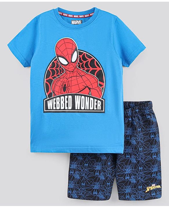 Pine Kids Bio-Washed Half Sleeves Cotton Shorts Set Marvel Spiderman Printed - Blue