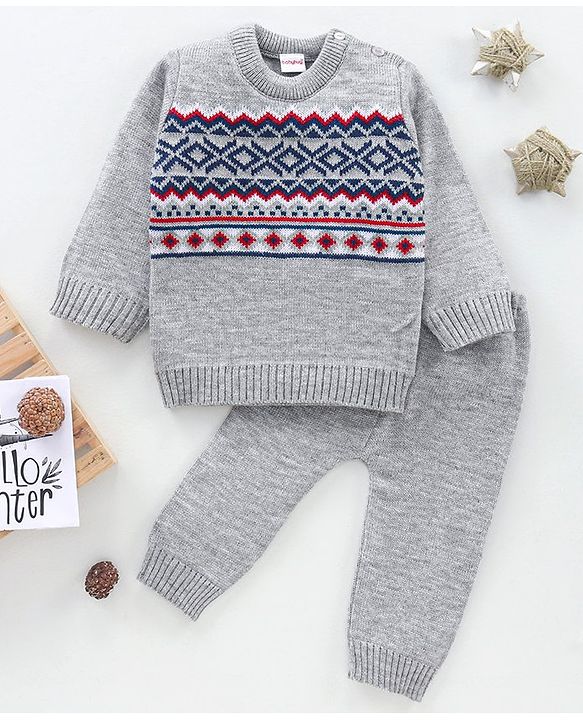 Babyhug Full Sleeves Sweater Set Fair Isle Design- Grey